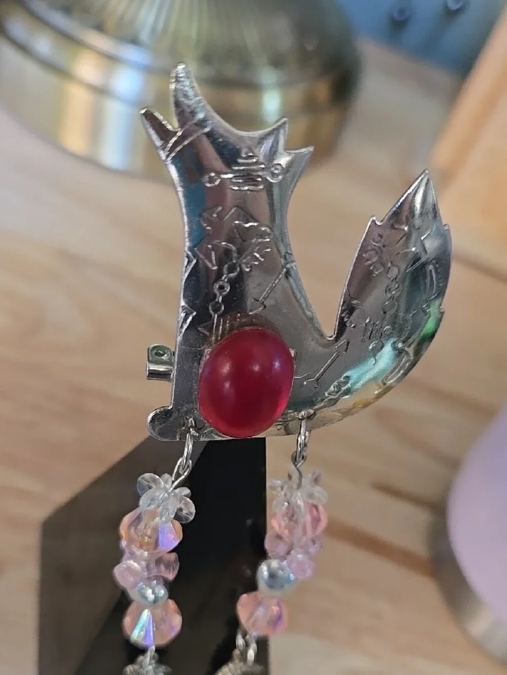 Vintage-native American Inspired Wolf Statement Brooch with Pink Beaded Dangles